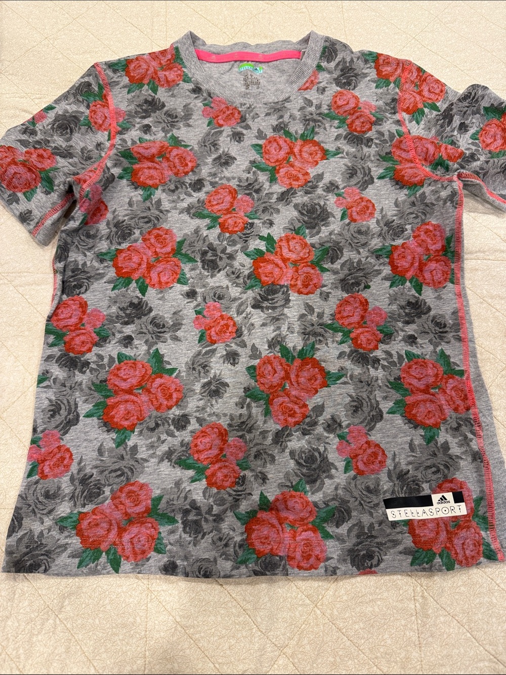 adidas StellaSport Heather Gray Tee with Coral Rose Print